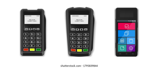 Old Style, New One And Touch Screen Terminal Cash Register Machine POS For Payments. EPS10 Vector