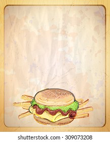 Old style paper menu list with empty place for text and  hand drawn graphic illustration of burger and fries.