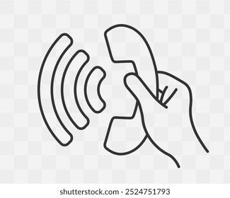Old style phone in hand icon symbol. Hand holding and using a phone logo sign. Vector illustration image. Isolated on background.