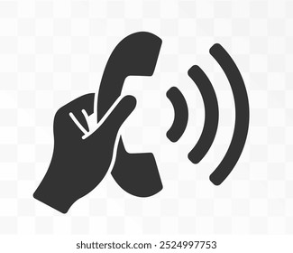 Old style phone in hand icon symbol. Hand holding and using a phone logo sign. Vector illustration image. Isolated on background.