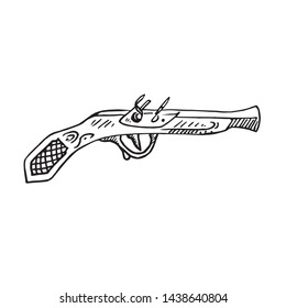 Old style pistol side view, hand drawn doodle, sketch, black and white vector illustration