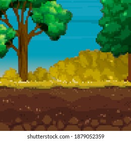 Juego de píxeles de estilo antiguo. Fondo del juego de arte de Pixel. Tierra, hierba, cielo, árbol y estrellas. Arte de píxeles. Diseño de juegos. 8 bits 