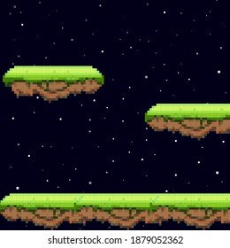 Old style pixel game. Pixel art game background. Ground, grass, sky, tree and stars. Pixel art. Game Design. 8 bit 