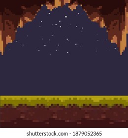 Old style pixel game. Pixel art game background. Ground, grass, sky, tree and stars. Pixel art. Game Design. 8 bit 