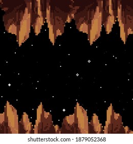 Old style pixel game. Pixel art game background. Ground, grass, sky, tree and stars. Pixel art. Game Design. 8 bit 