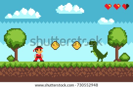 Old style pixel game , picture representing character and dinosaur, coins and health, trees and bushes, sky and clouds on vector illustration