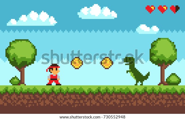 Old style pixel game , picture representing\
character and dinosaur, coins and health, trees and bushes, sky and\
clouds on vector\
illustration