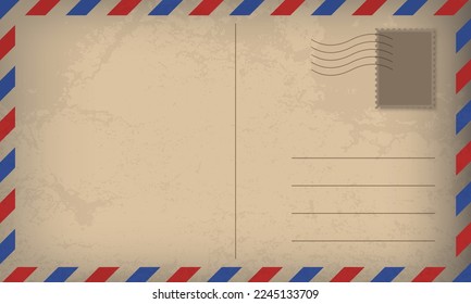 Old style postcard or envelope with postage stamp. Air mail letter. Post stamp. Airmail frame postcard. Mockup template envelope. Vector illustration