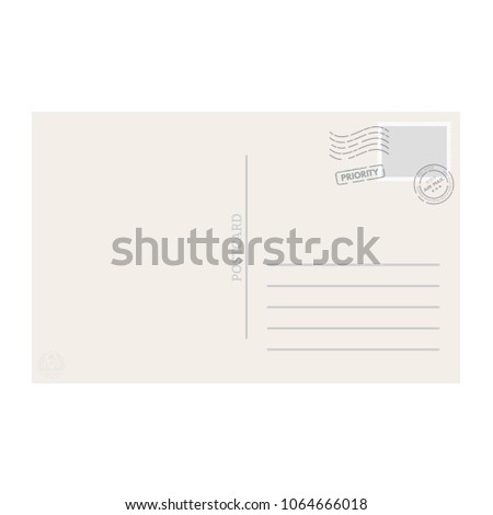 Old style postcard template. Postcard with stamps and seals. Vintage blank mail card. Post office retro message concept.