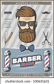 Old style poster with male hipster head bow tie scissors brush rake comb and barbershop accesories vector illustration