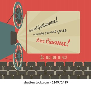 Old style poster for a retro cinema with a placeholder for your text. Movie hall with a screen and seats. Vector image.