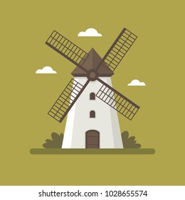 Old style rural windmill illustration in flat style. Farm, agriculture symbol. Wheat, flour, bakery vector icon.
