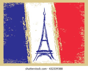 Old style scratched vector background. Vintage postcard in colors of France national flag. Eiffel tower hand drawn illustration on a retro shabby backdrop