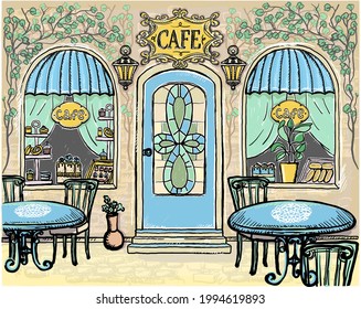 Old style street cafe vector sketch graphic illustration, vintage style