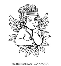 velho estilo tatuagem ilustração de um pequeno anjo alado com ornamentos florais e folha