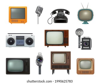 Old style technics. 80s retro household gadgets stationary items tv set typewriting machines telephone decent vector realistic pictures set