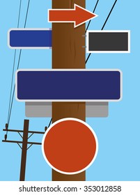 Old style telephone pole for overhead lines with blank street and road traffic signs and copy space available for text