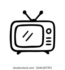Old style television with antenna and two simple lines displayed on the screen. It is an icon drawn in a hand drawn style
