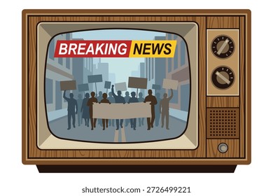 Um televisor de estilo antigo exibindo a cobertura dos eventos atuais da manifestação e da marcha pública.