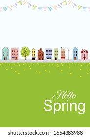Old style town in Springtime, vertical layout - included words "Hello spring"