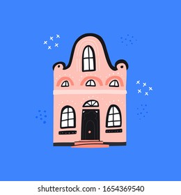 Old style townhouse facade flat vector illustration