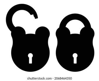 An old style traditional padlock in open and close positions as silhouette over a white background