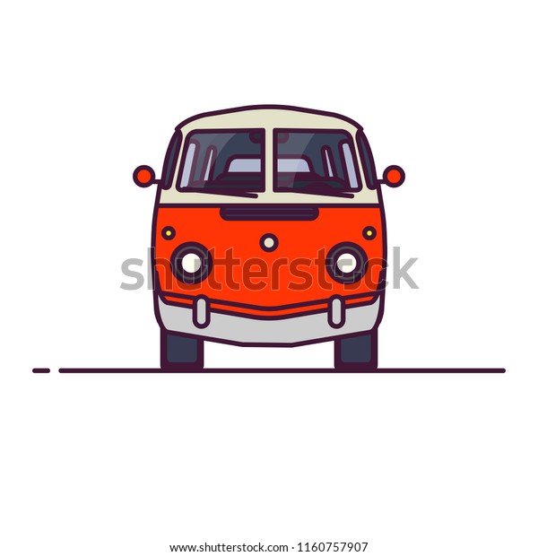 Old style two colors\
minivan. Front view of red retro hippie bus. Line style vector\
illustration. Vehicle and transport banner. Retro style old car\
from 60s or 70s. 