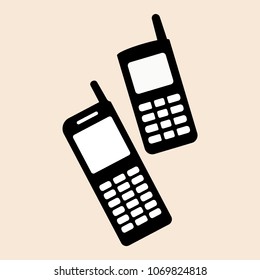 Old style two mobile phones set Mobile phone support icon vector eps10. Retro mobile phone in two versions in black with a button and a white screen. Two old classic black mobile phones with antenna.