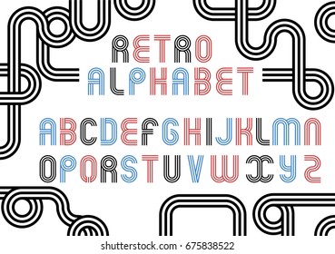 Old Style Vector Alphabet. Retro Type Font Disco, Vintage Typography Poster. Stripe, Geometric Letters.
