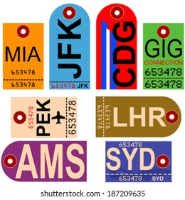Old style vector illustration showing retro looking airplane tags with different airport codes
