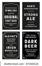 Old style vector typographic homemade brew bottle labels. Cool black and white makeup lettering stickers set for a home brewery. Pure typography design. ESP10 vintage clean type design templates.