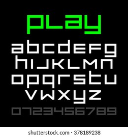 Old style video game font, alphabet and numbers. Vector.