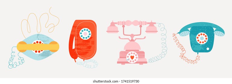 Teléfonos antiguos con cable. Conjunto vectorial de teléfono retro. Ilustraciones elegantes de teléfono antiguo femenino y masculino aisladas. Diseño vectorial de arte de clip de moda para web e impresión.