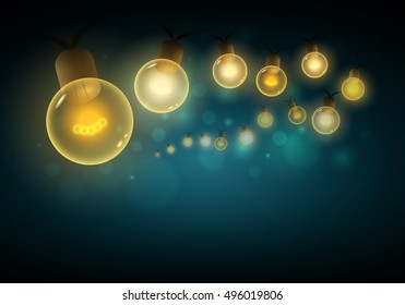 Old style warm bulbs hanging on the bokeh night background. Vector illustration. Copy space. Ideal for christmas, new year, ramadan or all festive holidays.