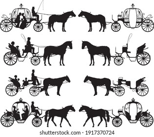 Old style wedding and marriage carriage vector silhouette collection