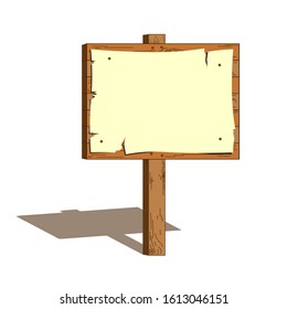 Old style wooden bulletin, notice board with a nailed sheet of paper for inscriptions, text, advertising, invitations, headlines. White neutral background.