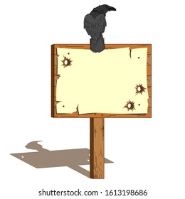 Old style wooden bulletin, notice board with a nailed sheet of paper for inscriptions, text, advertising, invitations, headlines. With a raven sitting on a blackboard. White neutral background.
