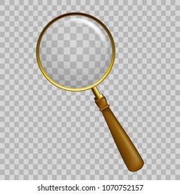 Old Style wooden with gold metal Magnify glass transparent lens, vector illustration. Magnifier with light reflection. Magnifying glass vector isolated icon. Zoom tool