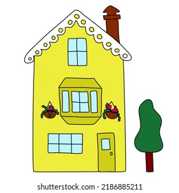 Old style yellow house with chimney, decor on roof and with flowers, flat vector