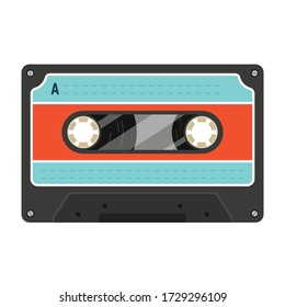 Old styled plastic compact or audio cassette with two miniature spools and magnetic tape for recorder, player. Black retro musicassette with blue and red label. Vector audio cassette icon on white.