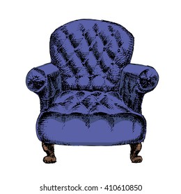 Old styled vintage blue armchair isolated on white background. Hand drawn vector stock illustration