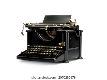 Old styled vintage typewriter realistic 3d vector illustration. Side view typing machine isolated on white. Idea machine, literature symbol. Journalistic typescript inspirational retro nostalgia 