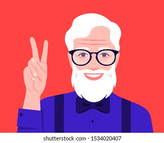 An old stylish bearded man with glasses smiles and shows a victory sign. Happy oldness. Grandfather. Vector flat illustration