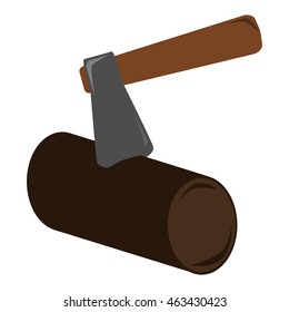Old stylish simple comic axe and log. The axe is stuck to the log of wood. Isolated vector illustration.