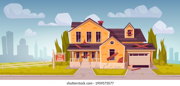 Old suburban house with sign for sale. Abandoned residential cottage from yellow brick with garage, broken roof and boarded up windows. Vector cartoon landscape with derelict suburb mansion