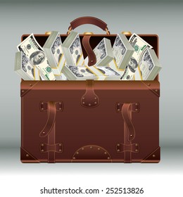 Old suitcase full of money. Vector illustration