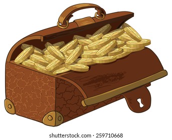 Old suitcase full of money. Vector illustration