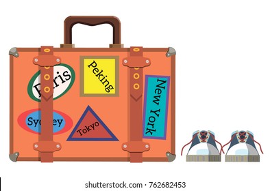 Old suitcase and shoes for travel, vector illustration