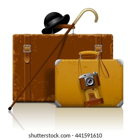 Old suitcases with walking stick, bowler hat and retro photo camera isolated on white.  Vintage voyage and traveling accessories. Vector illustration. EPS 10