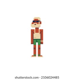 Old sunburnt fashion gray-haired man with a beard and glasses, pixel art character. Avatar, portrait, profile picture. Flat style. Game assets. 8-bit. Isolated vector illustration.  